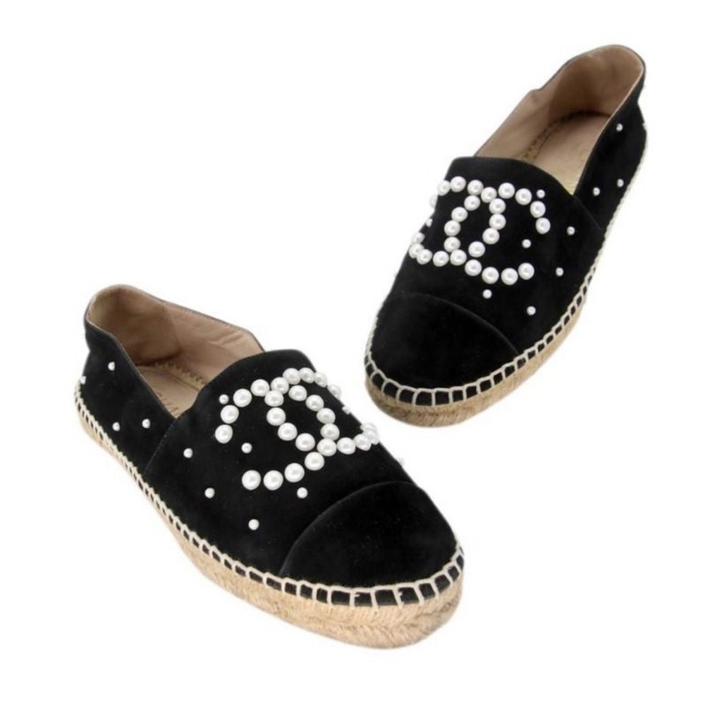 Chanel Black Suede and Faux Pearl CC Espadrille Flats